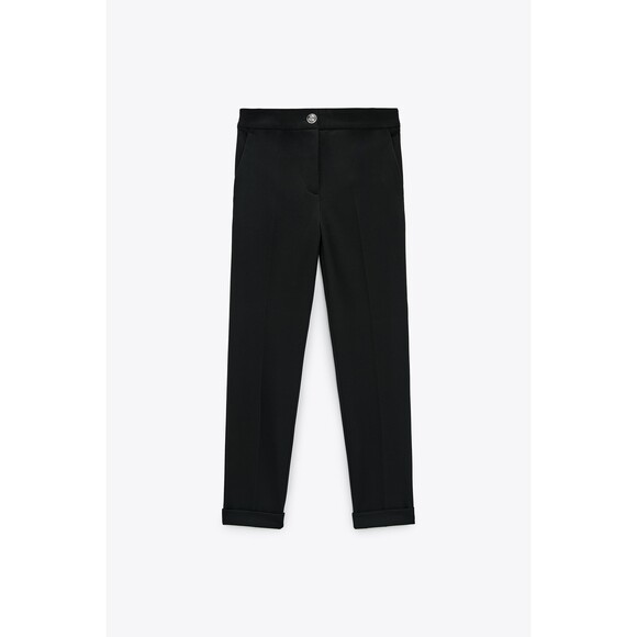 Black Zara Elastic Waist Skinny Cuffed Textured Pants (NWT)